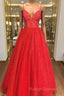 Shiny A Line V Neck Black Red Long Prom Dresses, V Neck Backless Long Formal Evening Dresses