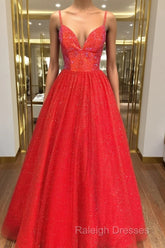 Shiny A Line V Neck Black Red Long Prom Dresses, V Neck Backless Long Formal Evening Dresses