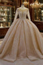 Shiny Ball Gown Tulle Jewel Long Sleevess Ruffless Wedding Dress