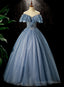 Shiny Blue Off Shoulder Beaded Long Prom Dress, Blue A Line Prom Dress