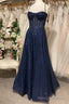 Shiny Dark Navy Blue Long Lace Prom Dresses, Dark Navy Blue Long Formal Prom Dresses