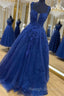 Shiny Navy Blue Lace Prom Dresses, Navy Blue Lace Formal Graduation Dresses