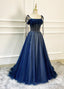 Shiny Navy Blue Tulle Straps Long Prom Dresses, A Line Beaded Prom Dresses