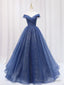 Shiny Off Shoulder Navy Blue Tulle Long Prom Dresses, Navy Blue Formal Graduation Prom Dresses