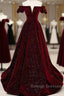 Shiny Off The Shoulder Burgundy Long Prom Dresses, Wine Red Long Formal Evening Dresses