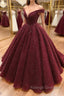 Shiny Off the Shoulder Burgundy Prom Dress Dark Wine Red Off Shoulder Long Prom Dress