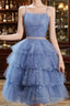 Shiny Short Puffy Blue Prom Dresses A Line Puffy Homecoming Dresses