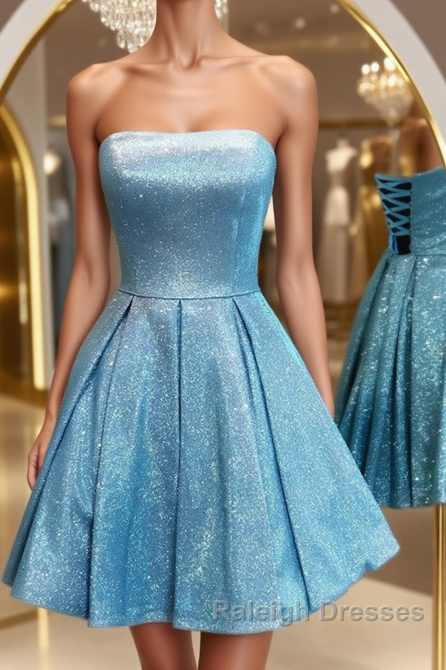 Shiny Strapless Blue Short Prom Dresses, Open Back Blue Homecoming Dre