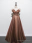 Shiny Tulle Beaded Long Straps Floor Length Prom Dress, A Line Prom Gowns