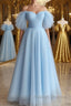 Shiny Tulle Off the Shoulder Tea Length Prom Dresses Homecoming Dresses Off Shoulder Prom Graduation Prom Dresses