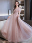 Shiny Tulle Pink Short Sleeves Sweetheart Prom Dresses A-Line Pink Tulle Prom Dresses