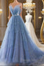 Shiny Tulle V Neck Blue Long Prom Dress, Blue Tulle Formal Evening Dress, Blue Ball Gown