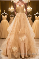 Shiny V Neck Backless Golden Long Prom Dress, Backless Golden Formal Dress, Golden Evening Dress