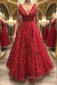Shiny V Neck Burgundy Lace Long Prom Dresses Burgundy Lace Prom Dresses Sparkly Burgundy Prom Dresses