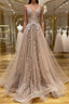 Shiny V Neck Champagne Lace Prom Dresses, Champagne V Neck Lace Formal Graduation Evening Dresses