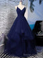 Shiny V Neck Navy Blue Long Prom Dresses, Fluffy Navy Blue Formal Prom Dresses, Sparkly Ball