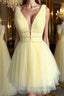 Shiny V Neck Open Back Yellow Tulle Short Prom Dress, V Neck Yellow Formal Graduation Homecoming Dress