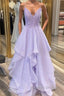 Shiny V Neck Purple Lace Long Prom Dresses, Purple Lace Formal Evening Dresses, Purple Ball Gown