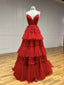 Shiny V Neck Red High Low Prom Dresses, V Neck High Low Red Formal Prom Dresses