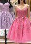 Short A Line Thin Straps Lace Prom Dresses Lace Homecoming Dresses Short Prom Dresses