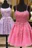 Short A Line Thin Straps Purple/Hot Pink Lace Prom Dresses Purple/Hot Pink Lace Homecoming Dresses Lilac/Hot Pink Short Prom Dresses