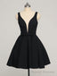 Short A Line V Neck Black Prom Dresses, Black V Neck Short Graduation Homecoming Dresses