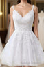 Short A Line V Neck Tulle Lace Backless Prom Dresses white Homecoming Dress