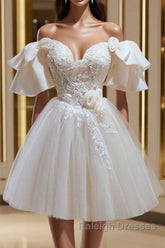 Short Beige Prom Dresses, Beige Tulle Lace Homecoming Dresses