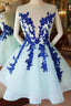Short Blue Lace Tulle Prom Dresses, Short Blue Lace Homecoming Graduation Dresses