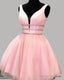 Short Blush Tulle Plunge Neck Homecoming Dress