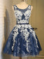 Short Dark Navy Blue Prom Dress with White Lace, Short Dark Navy Blue Graduation Homecoming Dresses