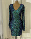 Short Green Sequin Prom Dresses Long Sleeve V-Neck