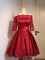 Short Half Sleeve Burgundy Satin Prom Dress Graduation Dresses
