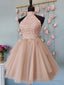 Short Halter Neck Pink Lace Prom Dresses, Halter Neck Short Pink Lace Formal Homecoming Dresses