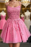 Short Pink Backless Lace Prom Dresses, Short Pink Open Back Formal Homecoming Dresses