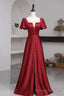Short Sleeves Burgundy Long Prom Dresses with High Slit, Wine Red High Slit Long Formal Prom Dresses