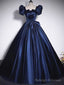 Short Sleeves Dark Blue Long Prom Dresses, Dark Blue Short Sleeves Long Formal Prom Dresses