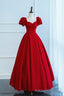 Short Sleeves Dark Red Long Prom Dresses, Dark Red Long Formal Prom Dresses
