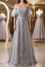 Short Sleeves Grey Lace Long Prom Dress Short Sleeves Gray Lace Long Prom Dress