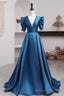 Short Sleeves Peacock Blue Long Prom Dresses, Peacock Blue Long Formal Prom Dresses