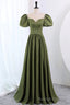 Short Sleeves Scoop Neck Dark Green Satin Prom Dresses, Short Sleeves Green Formal Prom Dresses
