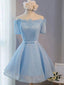 Short Sleeves Short Blue Prom Dresses with Lace-up, Short Blue Homecoming Graduation Dresses