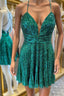 Short V Neck Green Sequins Prom Dresses, V Neck Green Sequins Formal Homecoming Dresses