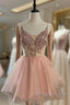 Short V Neck Pink Lace Prom Dresses, Short Pink Lace Graduation Homecoming Dresses