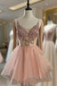 Short V Neck Pink Lace Prom Dress Short Pink Lace Graduation Homecoming Dress