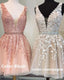 Short V Neck Tulle Prom Homecoming Dress Lace Embroidery