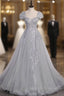 Silver A-line Long Prom Dress with Cap Sleeves