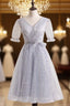 Silver A-Line Short Prom Dresses Birthday Dresses With Short Sleeves Homecoming Dresses
