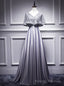 Silver Gray Satin Lace V Neck Bat Pearls Prom Dress