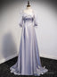 Silver Gray Square Short Sleeve Long Prom Dress